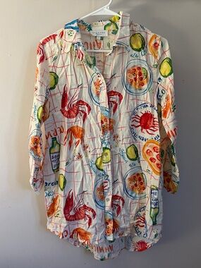 Calypso St. Barth Cream Shirt with Multicolor Citrus & Seafood Motif